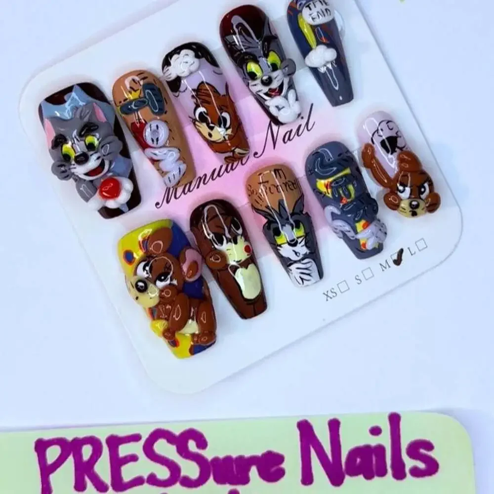 PRESSure Nails Hand-Painted 3D Cartoon Cat & Mouse Press-On Nails M